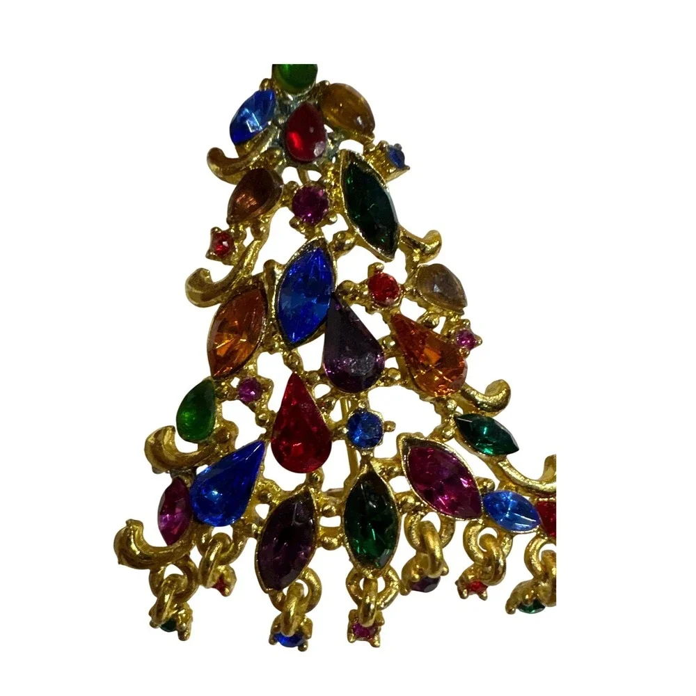 Vintage Christmas Tree Brooch Gold Tone‎ Multi Color Rhinestone Gem Holiday Pin
